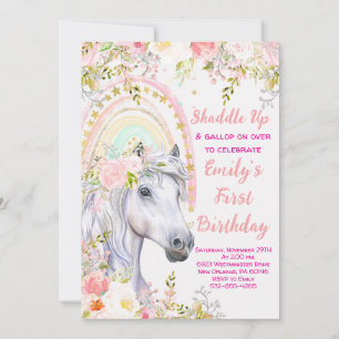  Rainbow & Horse First Birthday Party Invitation