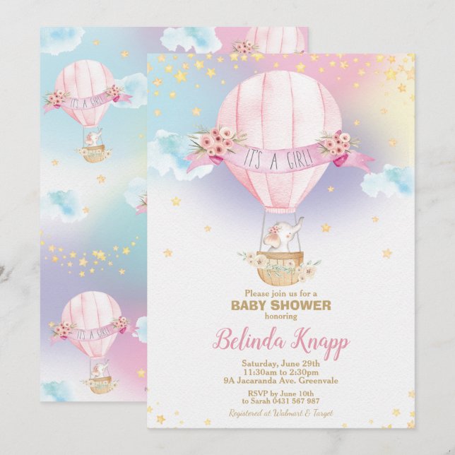 Rainbow Hot Air Balloon Baby Girl Shower Elephant Invitation (Front/Back)