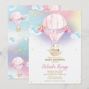 Rainbow Hot Air Balloon Baby Girl Shower Elephant Invitation