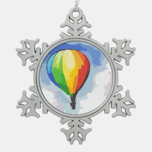 Rainbow Hot Air Balloon Snowflake Pewter Christmas Ornament