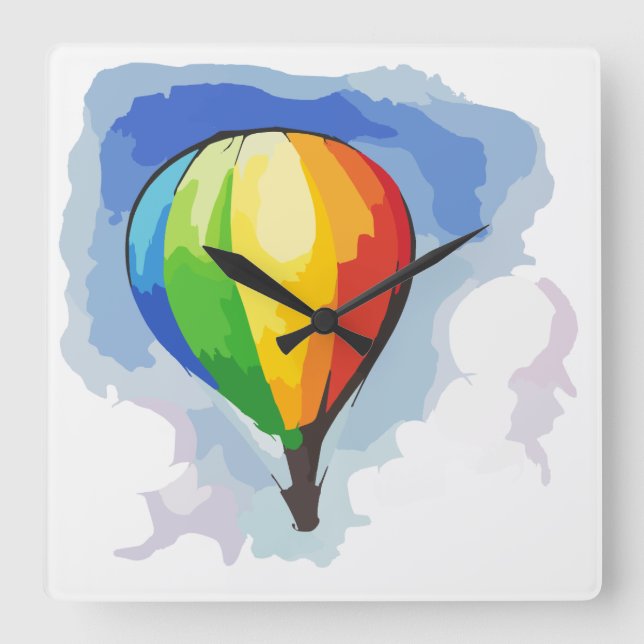 Rainbow Hot Air Balloon Square Wall Clock (Front)