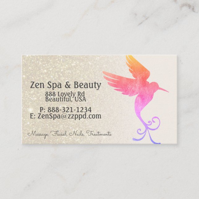 Rainbow Hummingbird on Ivory Glitter Gradient Business Card (Front)