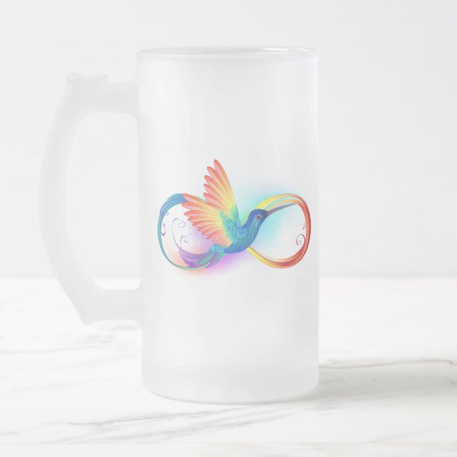 Rainbow Hummingbird with Infinity symbol Frosted Glass Beer Mug (Left)