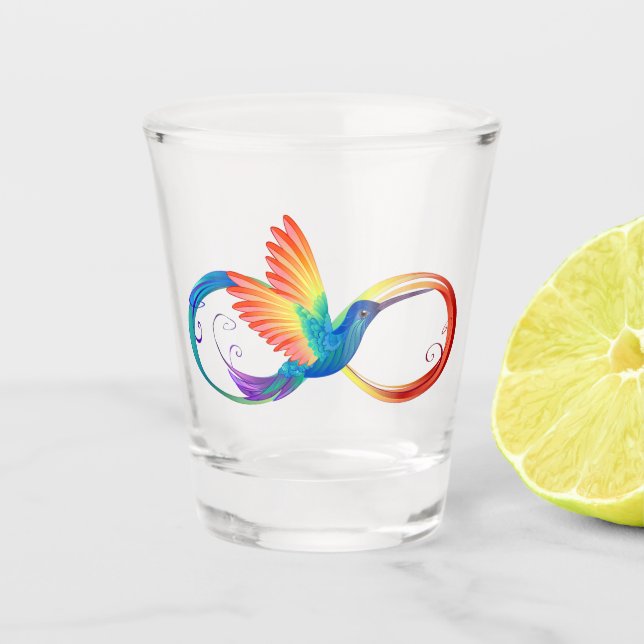 Rainbow Hummingbird with Infinity symbol Shot Glass (Front)