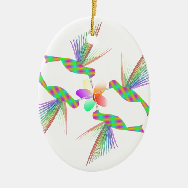 Rainbow Hummingbirds Kissing A Flower Ceramic Tree Decoration (Front)