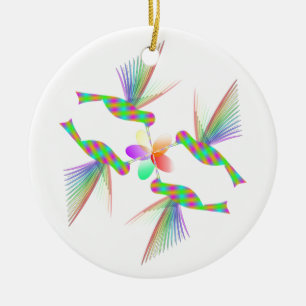 Rainbow Hummingbirds Kissing A Flower Ceramic Tree Decoration