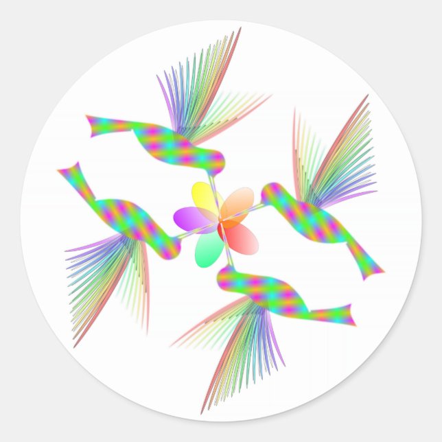 Rainbow Hummingbirds Kissing A Flower Classic Round Sticker (Front)