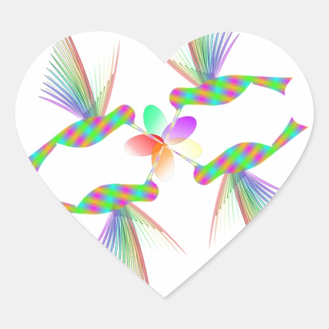 Rainbow Hummingbirds Kissing A Flower Heart Sticker (Front)