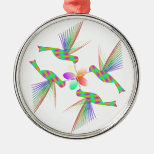 Rainbow Hummingbirds Kissing A Flower Metal Tree Decoration