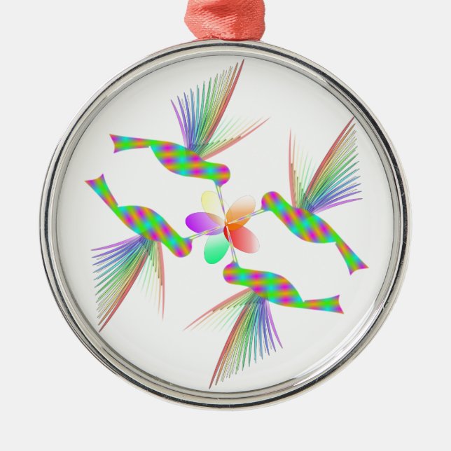Rainbow Hummingbirds Kissing A Flower Metal Tree Decoration (Front)