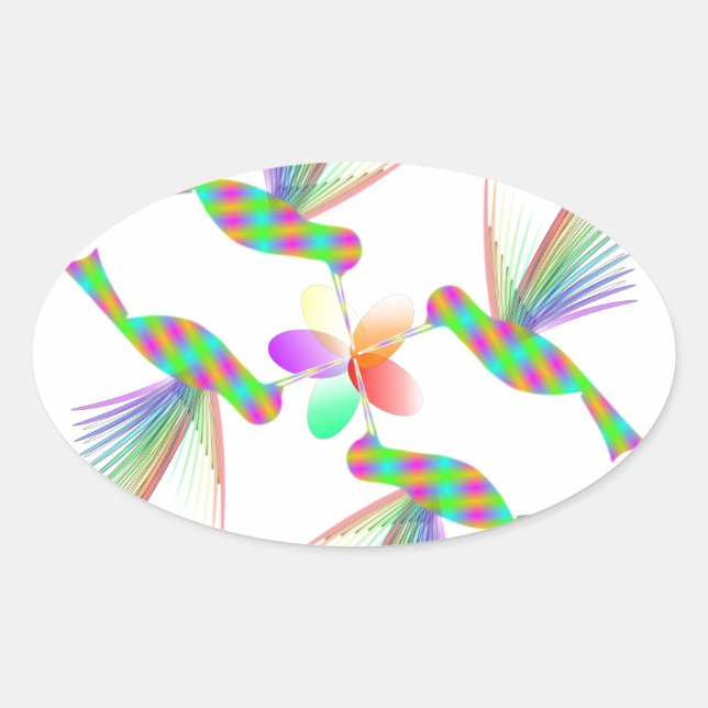Rainbow Hummingbirds Kissing A Flower Oval Sticker (Front)