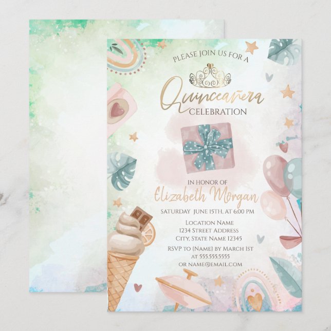 Rainbow,Ice cream,Balloons Summer Quinceañera Invitation (Front/Back)