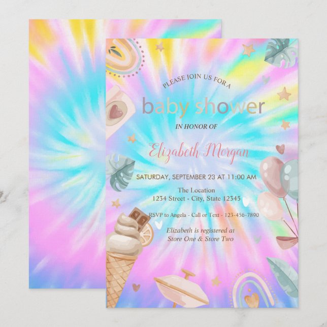 Rainbow Ice cream Balloons Tie Dye Baby Shower  Invitation (Front/Back)