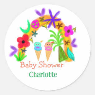 Rainbow ice cream cones watercolor baby shower add classic round sticker