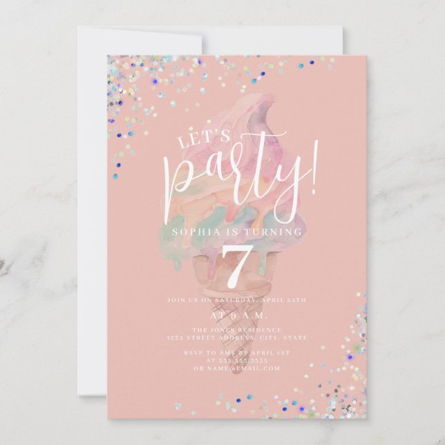 Rainbow Ice cream Let's Party Birthday Invitation (Front)