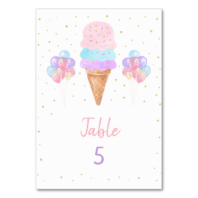 Rainbow Ice Cream Pink Gold Birthday Table Number (Front)