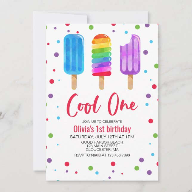 Rainbow Ice Pops Cool One 1st Birthday Invitation (Front)