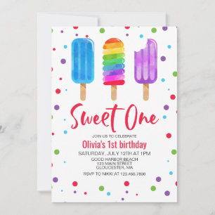 Rainbow Ice Pops Sweet One 1st Birthday Invitation