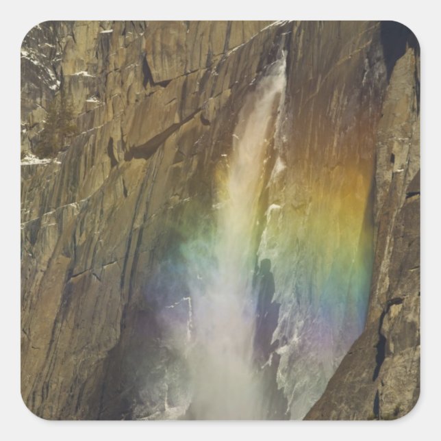 Rainbow in Upper Yosemite Falls in Yosemite Square Sticker (Front)