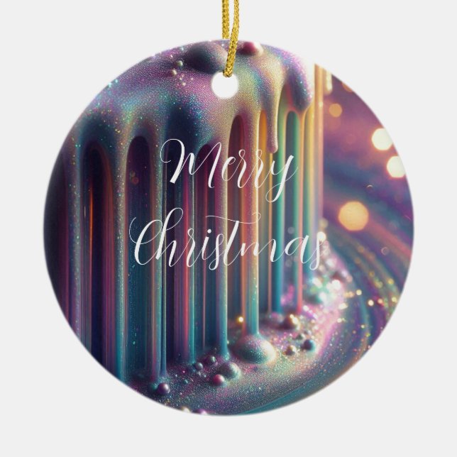 Rainbow Iridescent Liquid Drips Christmas Ceramic Tree Decoration (Front)