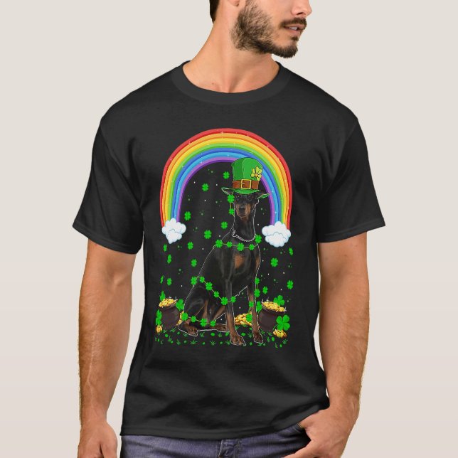 Rainbow Irish Shamrock Doberman Dog St Patrick's D T-Shirt (Front)