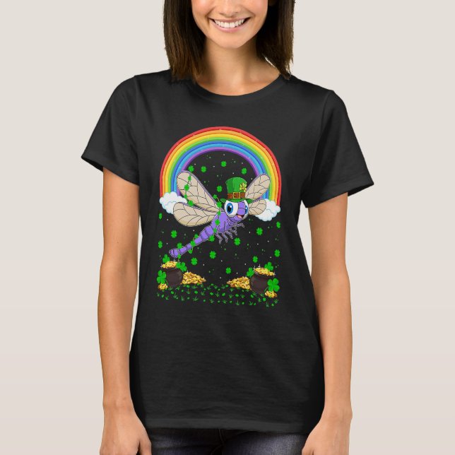 Rainbow Irish Shamrock Dragonfly St Patrick's Day T-Shirt (Front)