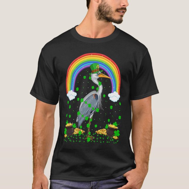 Rainbow Irish Shamrock Heron Bird St Patrick's Day T-Shirt (Front)