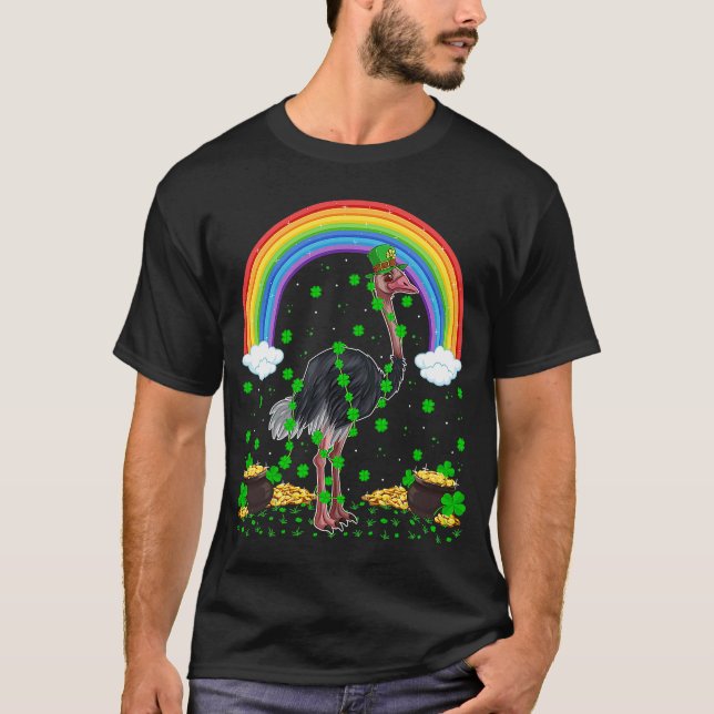 Rainbow Irish Shamrock Ostrich Bird St Patrick's D T-Shirt (Front)