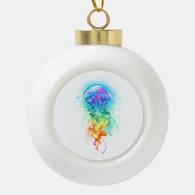 Rainbow jellyfish ceramic ball christmas ornament (Front)