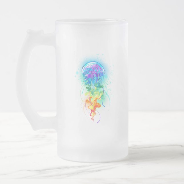 Rainbow jellyfish frosted glass beer mug (Left)