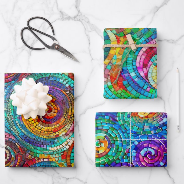 Rainbow Jewel Tone Mosaic Glass Pattern Birthday Wrapping Paper Sheet (Front)