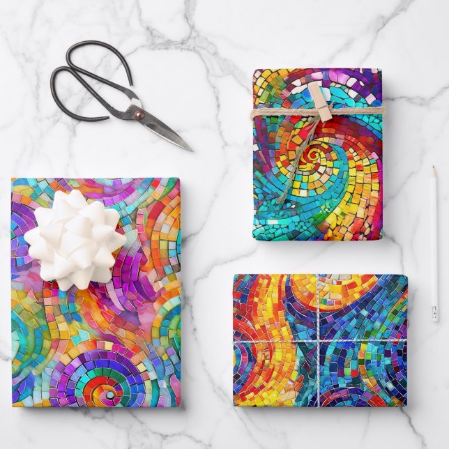 Rainbow Jewel Tone Mosaic Glass Pattern Birthday Wrapping Paper Sheet (Front)