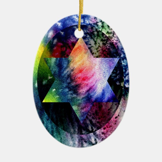 Rainbow Jewish Star Ceramic Tree Decoration (Front)