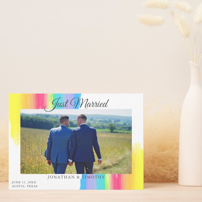 Rainbow Just Married Newlywed Photo Chic Wedding Announcement (Creator Uploaded)