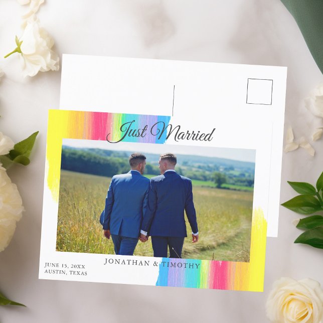 Rainbow Just Married Newlywed Photo Chic Wedding Announcement Postcard (Creator Uploaded)
