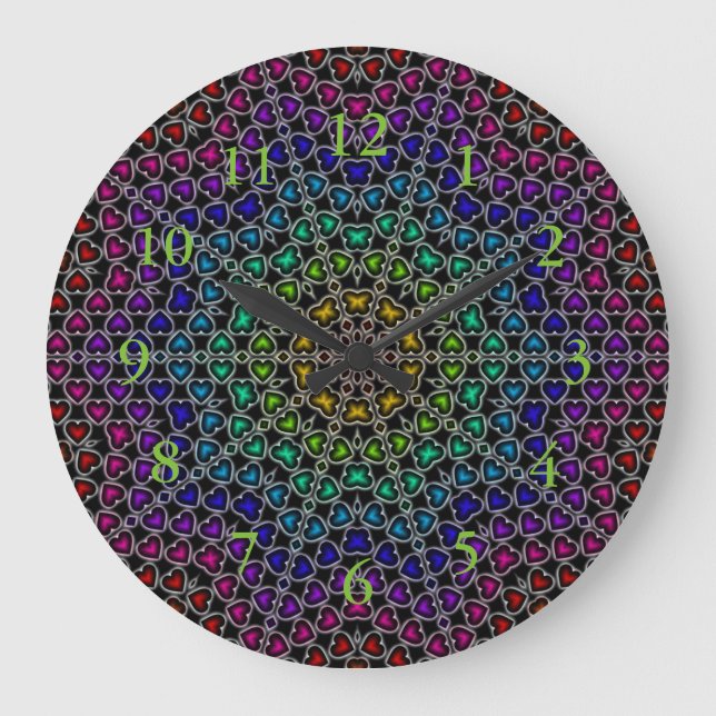 Rainbow Kaleidoscope Hearts Pattern Wall Clock (Front)