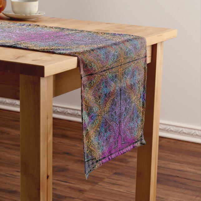 Rainbow Kaleidoscope Mandala Short Table Runner (In Situ)