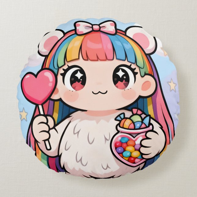 Rainbow Kawaii Bear Round Cushion (Front)
