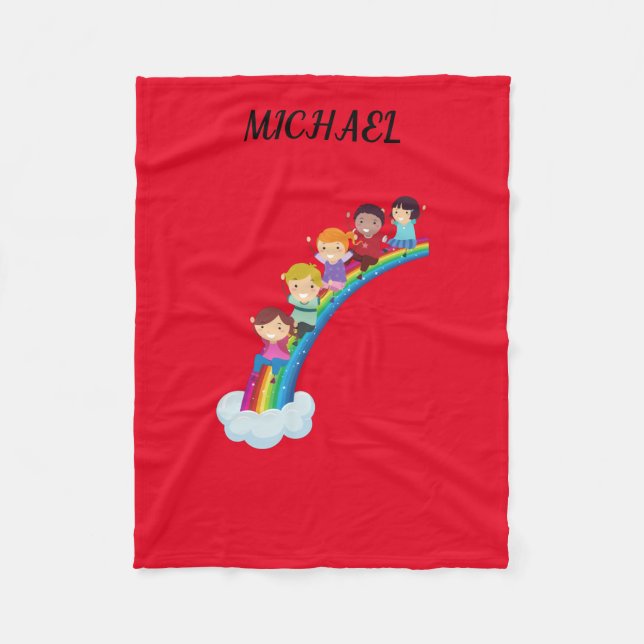 Rainbow kids fleece blanket personalised. (Front)