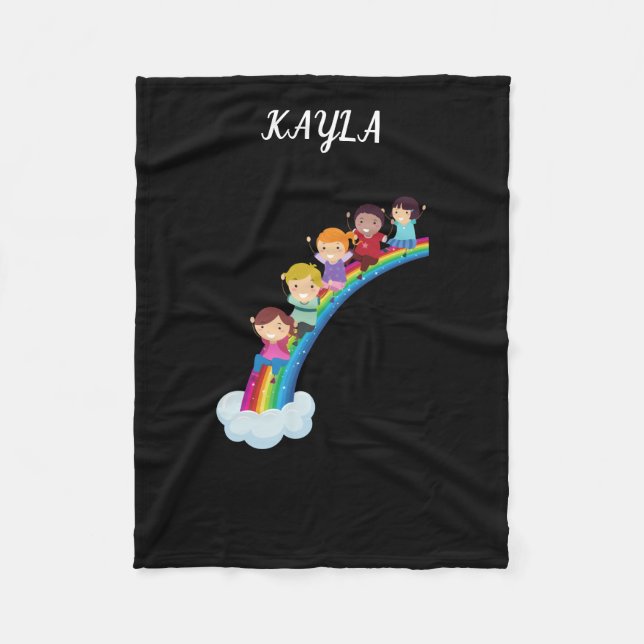 Rainbow kids fleece blanket personalised. (Front)