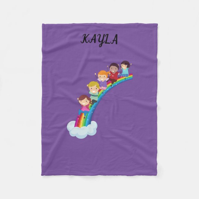 Rainbow kids fleece blanket personalised. (Front)