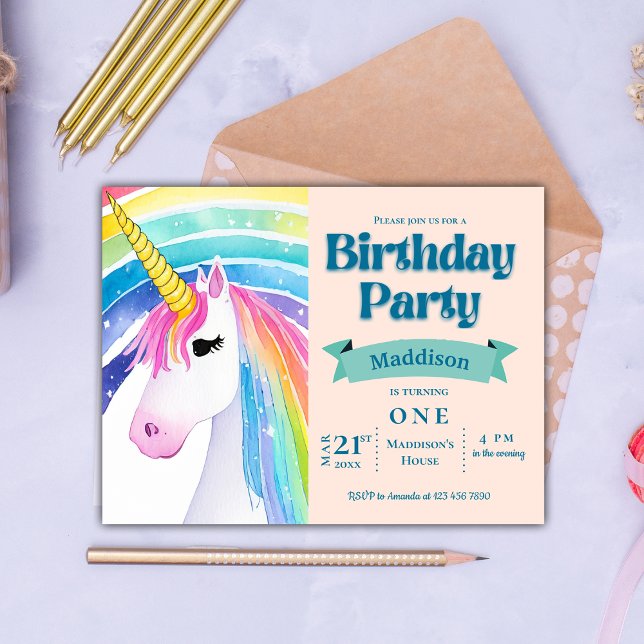 Rainbow Kids Unicorn 1st Birthday Party Invitation Postcard (Rainbow Kids Unicorn 1st Birthday Party Invitation Postcard)