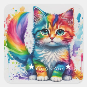Rainbow Kitten Painter Square Sticker