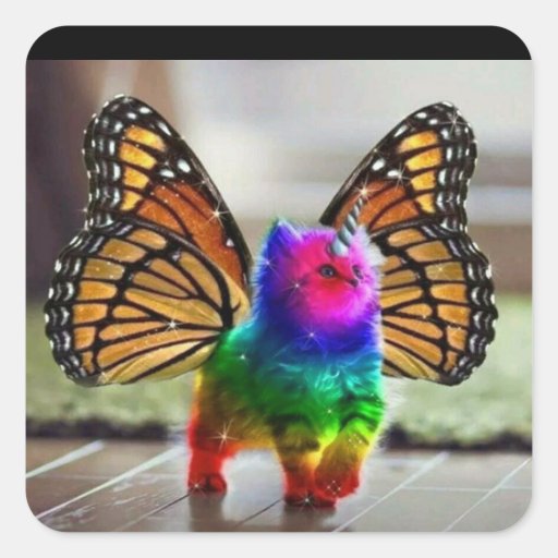 Image of Rainbow kitten unicorn butterfly Square Sticker