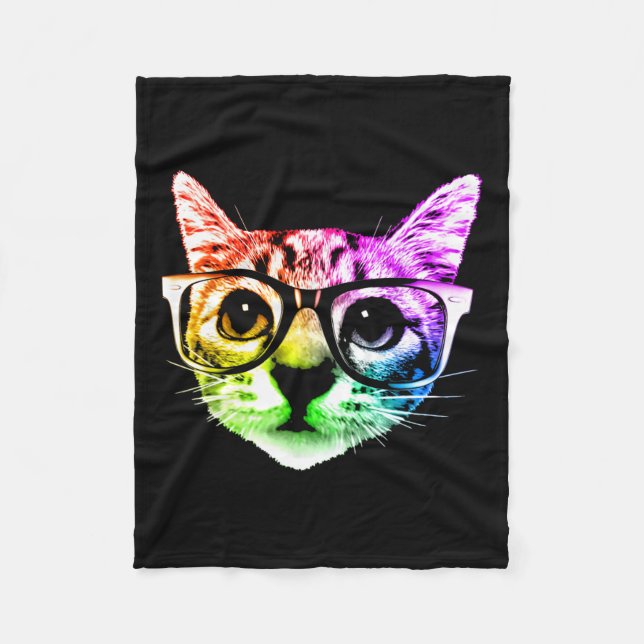 Rainbow Kitty Cat With Gles  Fleece Blanket (Front)
