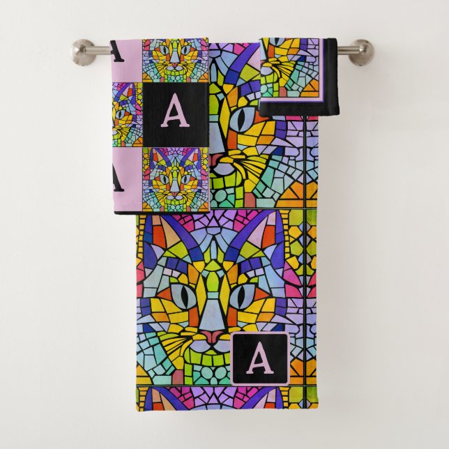 Rainbow Kitty Mosaic with Monogram for Cat Lovers Bath Towel Set (Insitu)