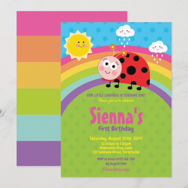 Rainbow Ladybug 1st Birthday Invitations Girl (Front/Back)