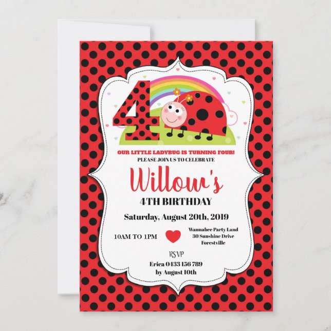 Rainbow Ladybug 4th Birthday Invitations Girl (Front)