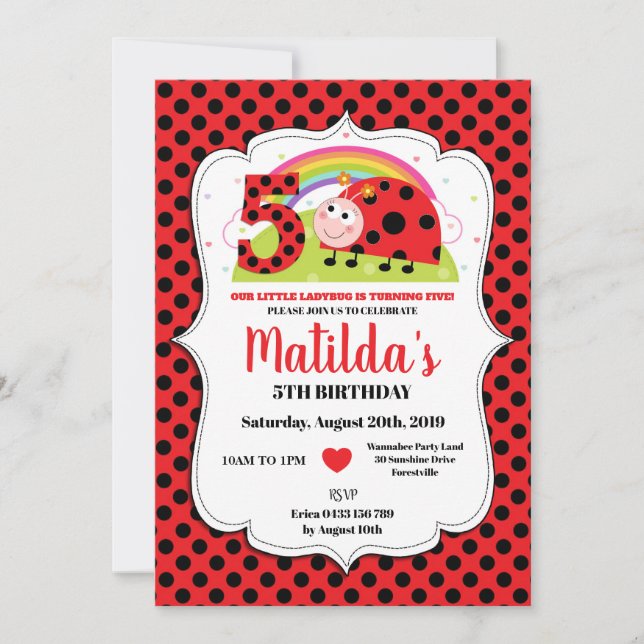 Rainbow Ladybug 5th Birthday Invitations Girl (Front)