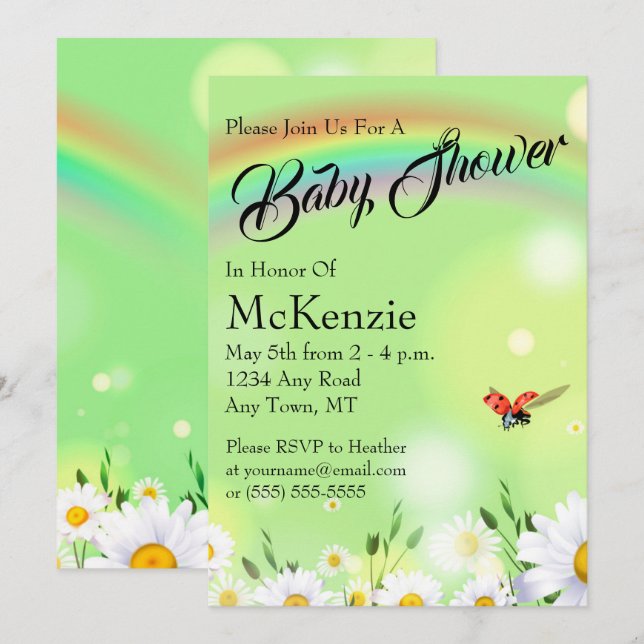 Rainbow Ladybug Daisies Floral Baby Shower Invitation (Front/Back)